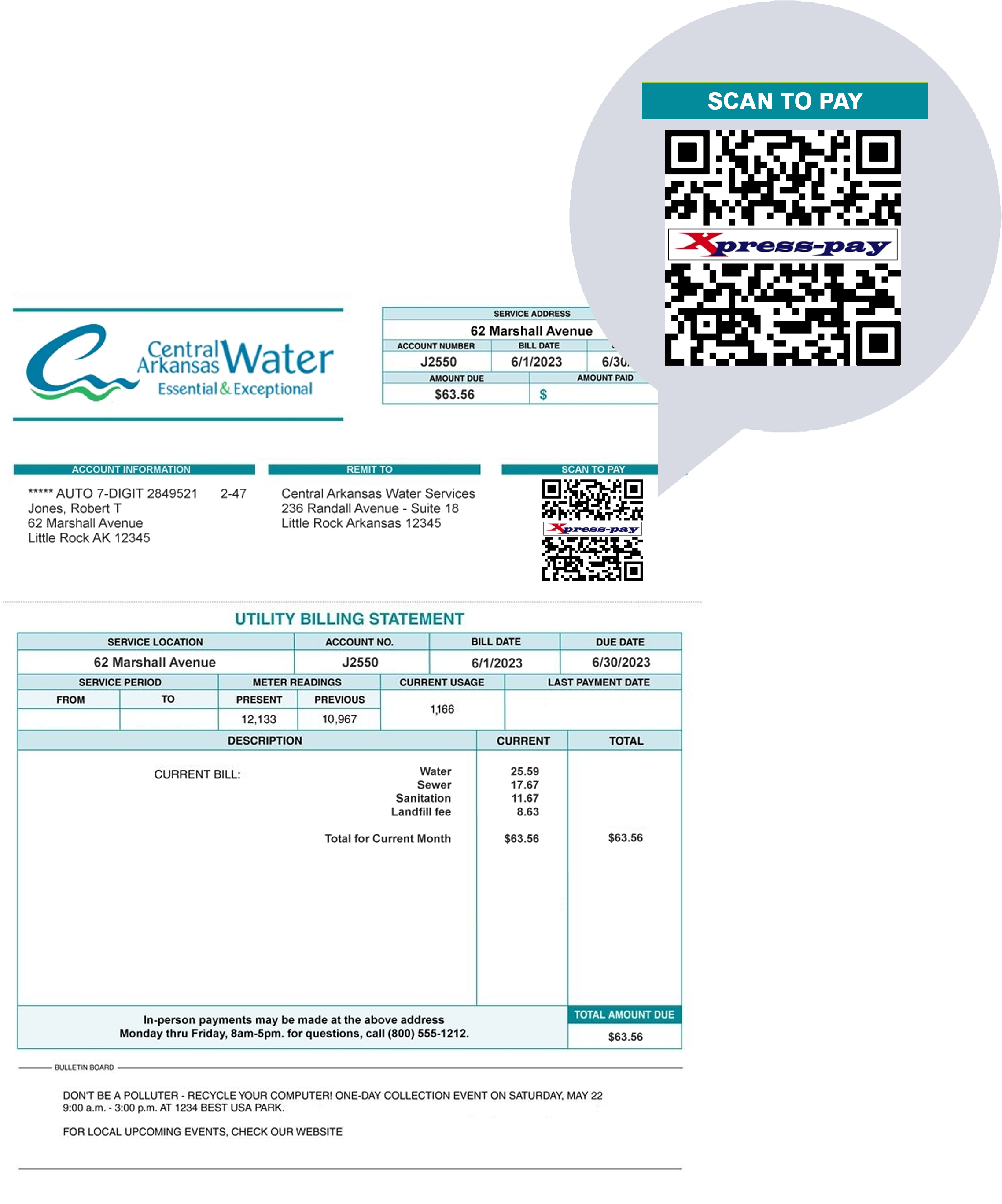 Sample Utility bill with Xpress-pay QR code